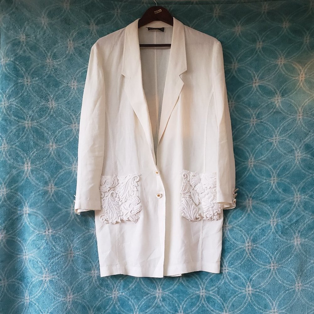 White Linen blazer, Linen Jacket, Longline 100% Linen with Crotchet detail us10